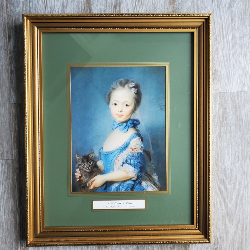 Vintage 'A Girl with a Kitten' by Jean Baptiste Perronneau Framed Wall Picture